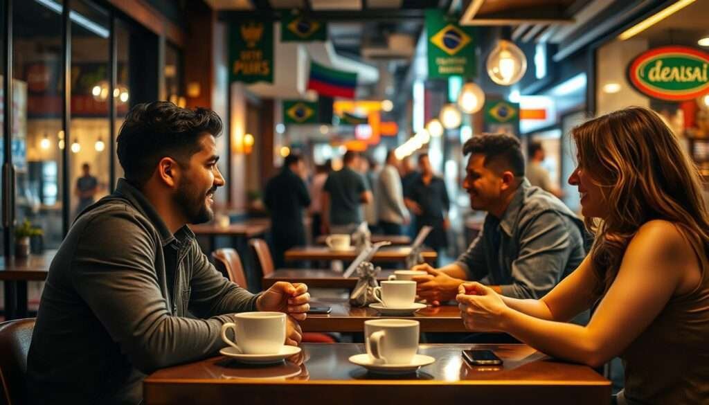 A cozy coffee shop in a bustling city street, with couples sitting at tables, chatting animatedly over cups of steaming brew. Soft lighting casts a warm glow, highlighting the intimacy of their interactions. In the background, the hum of conversation and the occasional laughter create a lively atmosphere. The scene captures the essence of online dating in Brazil - a vibrant, social experience where connections are forged in the comfort of familiar surroundings. A cozy coffee shop in a bustling city street, with couples sitting at tables, chatting animatedly over cups of steaming brew. Soft lighting casts a warm glow, highlighting the intimacy of their interactions. In the background, the hum of conversation and the occasional laughter create a lively atmosphere. The scene captures the essence of online dating in Brazil - a vibrant, social experience where connections are forged in the comfort of familiar surroundings.