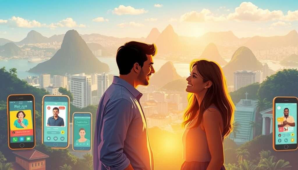 A vibrant digital landscape depicting online dating in Brazil. In the foreground, two people meet and converse, their expressions warm and inviting. The middle ground showcases various smartphone screens displaying dating app interfaces, their colors and designs reflecting the modern aesthetic. In the background, a stylized cityscape of Rio de Janeiro emerges, its iconic landmarks and architecture blending seamlessly with the technological elements. The scene is bathed in a soft, golden light, conveying a sense of connection, optimism, and the embrace of modern romance. The overall mood is one of excitement, possibility, and the convergence of traditional and digital realms. A vibrant digital landscape depicting online dating in Brazil. In the foreground, two people meet and converse, their expressions warm and inviting. The middle ground showcases various smartphone screens displaying dating app interfaces, their colors and designs reflecting the modern aesthetic. In the background, a stylized cityscape of Rio de Janeiro emerges, its iconic landmarks and architecture blending seamlessly with the technological elements. The scene is bathed in a soft, golden light, conveying a sense of connection, optimism, and the embrace of modern romance. The overall mood is one of excitement, possibility, and the convergence of traditional and digital realms.