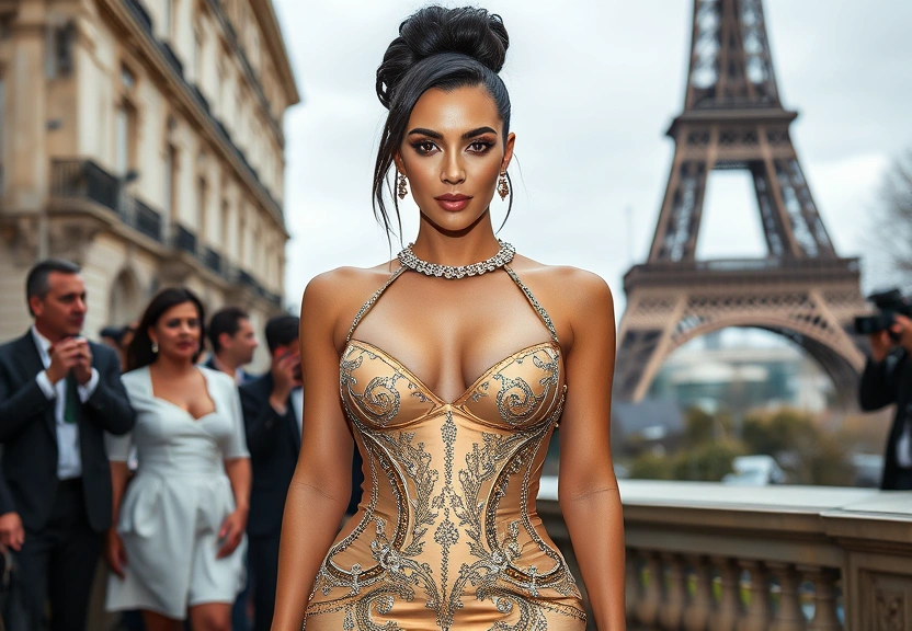 Representação visual de Kim Kardashian celebra 45 anos em Paris com vestido icônico de John Galliano para a Dior.